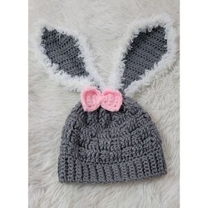 Bunny Hat Crochet Knit Handmade Gray Youth